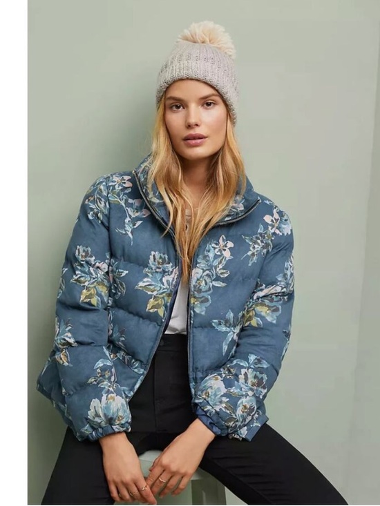 Jackets & Blazers - Anthropologie Ett:Twa Floral Blue Puffer Jacket Thick Zip Up